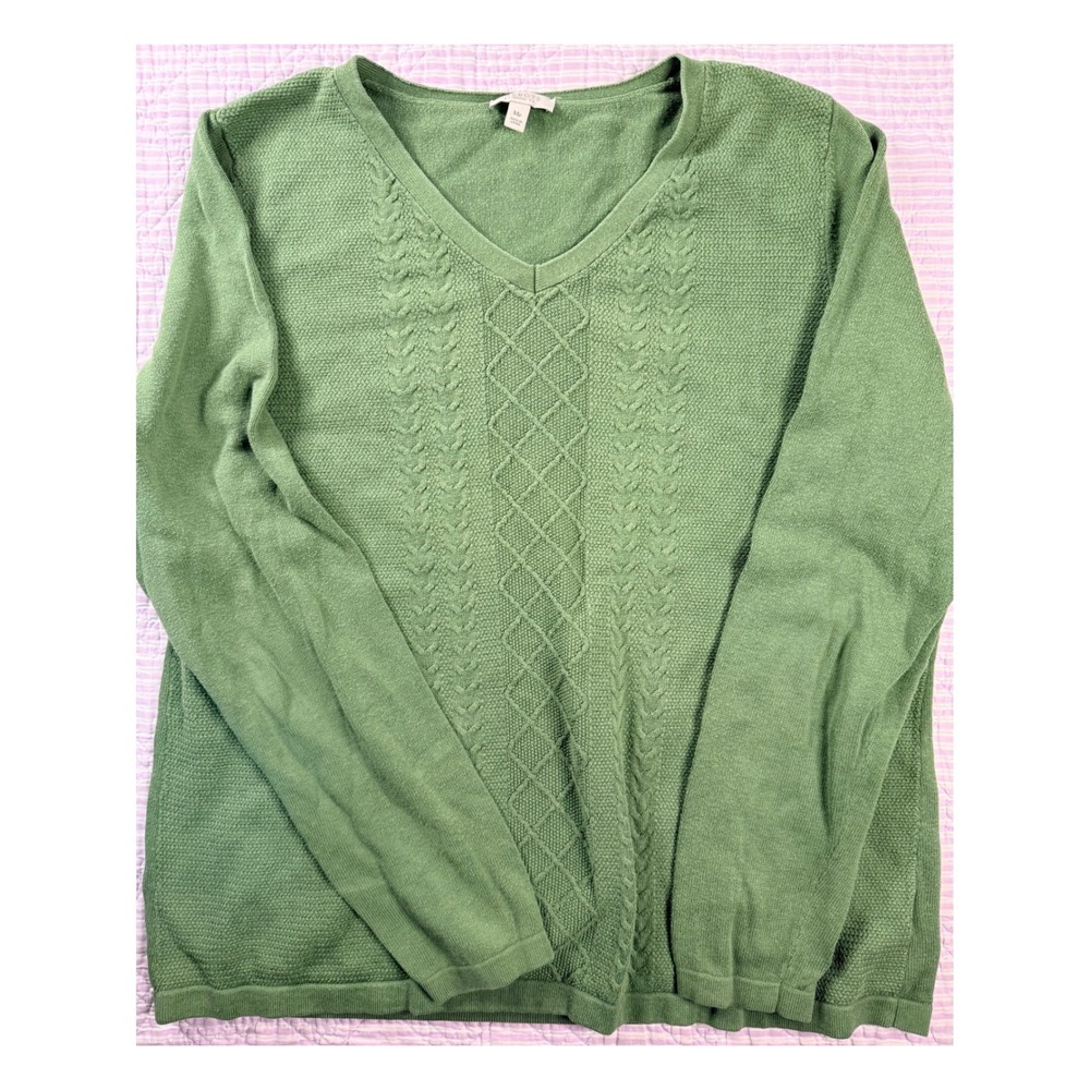 Talbots Petites Green Cotton V-Neck Cable Knit Sweater MP Sage Olive Long Sleeve